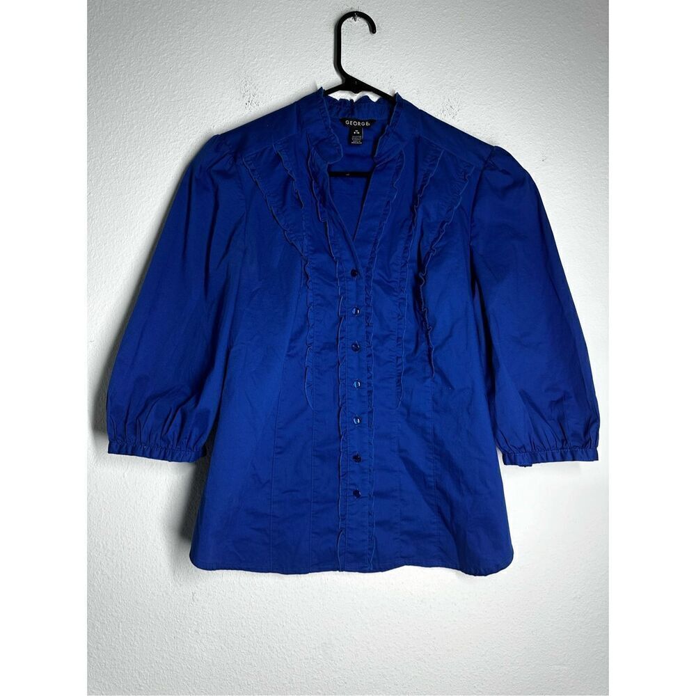 George Women’s Vneck Button Down Cotton Blend Ruffle Trim Shirt Blouse Sz M 8/10